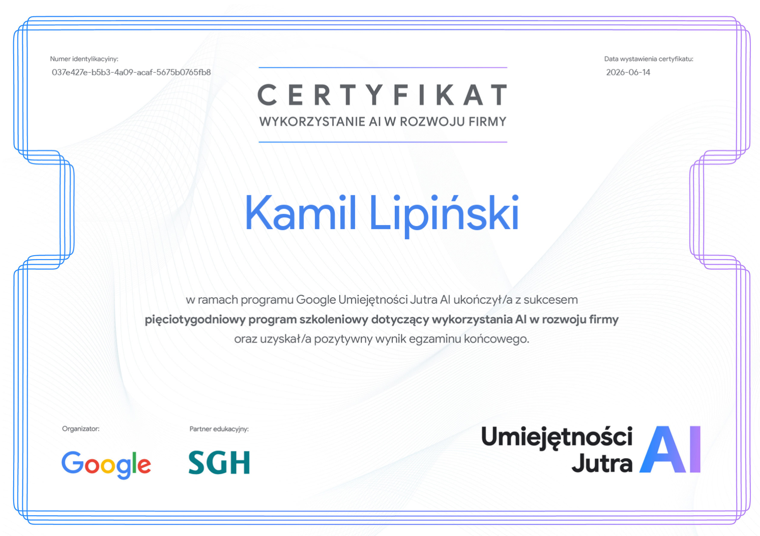 Certyfikat Google Umiejętności Jutra AI – Wykorzystanie AI w rozwoju firmy